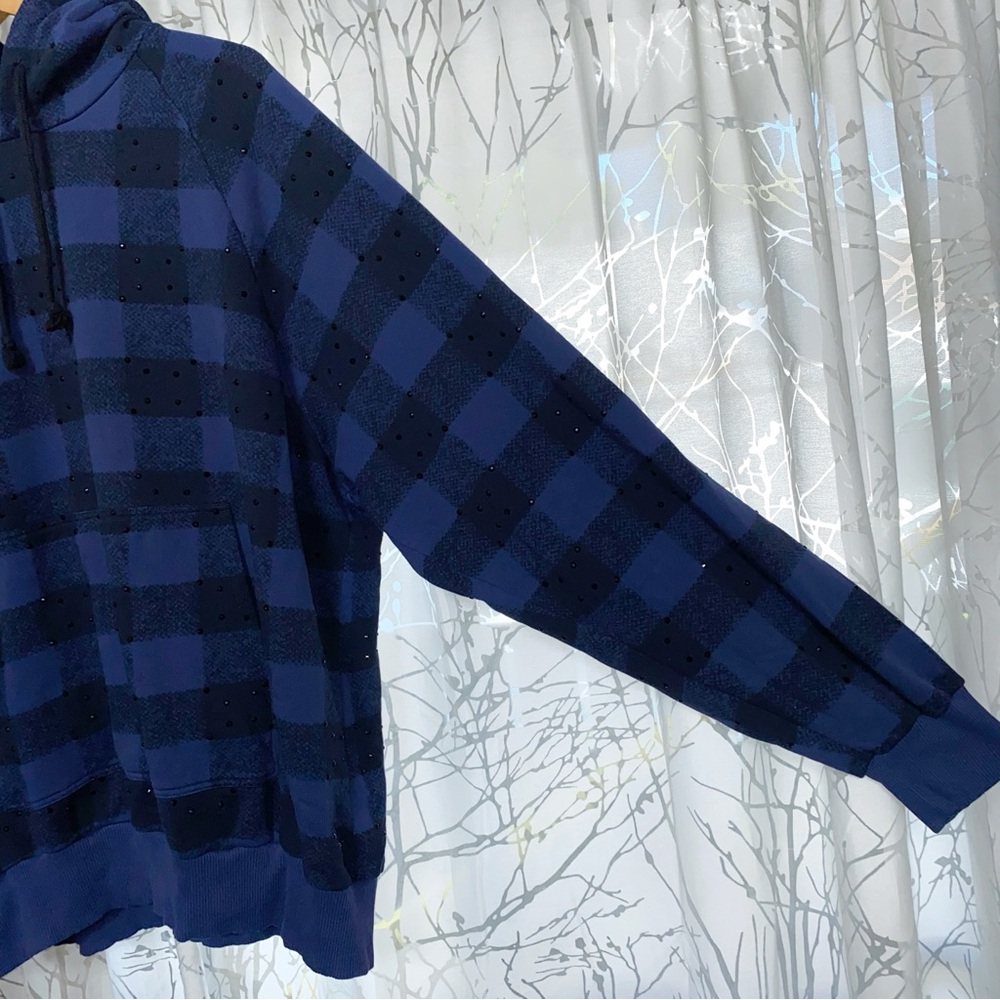 DRIES VAN NOTEN blue black checker print crystal rhinestone hoodie sweatshirt - Picture 2 of 9